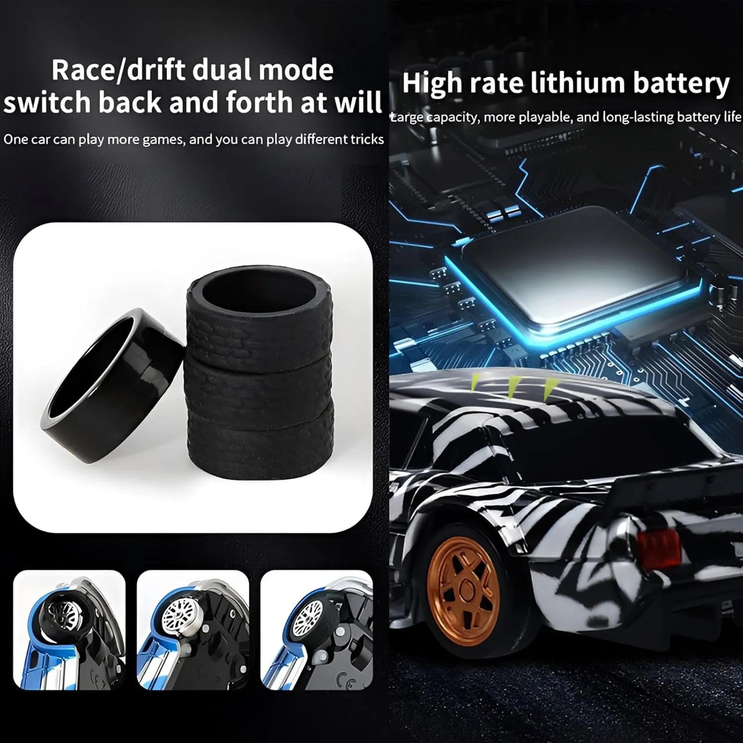 Rc Drift Car, 1/43 Scale 4WD with Full Proportional Control & 2.4G High Speed, 15km/h, LED Lights & Drift Tires, RTR Mini Racing Car for Adults - Indoor/Outdoor Use (4301 1Battery Box)