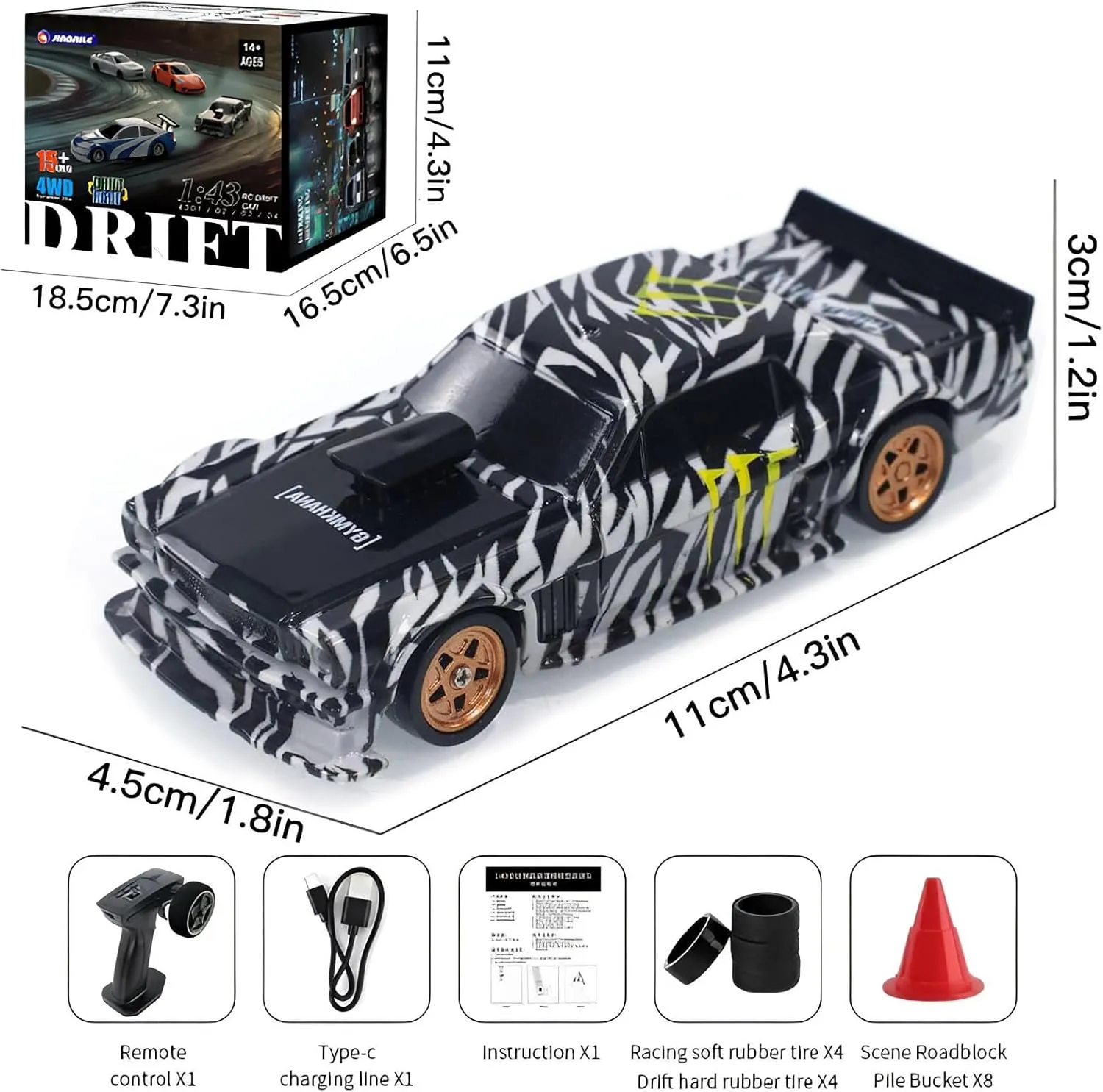 Rc Drift Car, 1/43 Scale 4WD with Full Proportional Control & 2.4G High Speed, 15km/h, LED Lights & Drift Tires, RTR Mini Racing Car for Adults - Indoor/Outdoor Use (4301 1Battery Box)