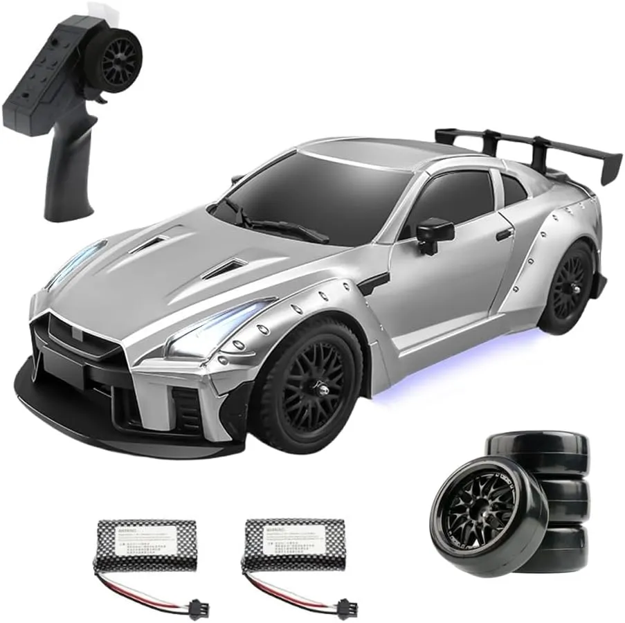 RC Drift Car GTR 1/12 Remote Control Car Two Speed 4WD High Speed Drifting RC Vehicle 2.4G Full Proportional 2 Batteries 100Min Infinitely Variable Speed, Extra Drifting Tires (Silver)