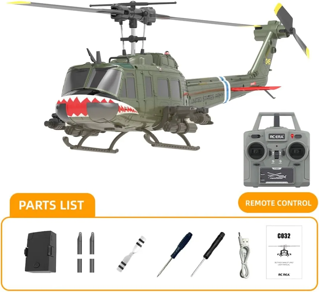 RC ERA C032 UH-1 Huey RC Helicopter Toys for Adults, 1/48 Scale 2.4G 6CH Stabilized Aircraft 6-Axis Gyro Brushless Flybarless Helicopter for Adults Beginner - Shark Mouth/2 Battery