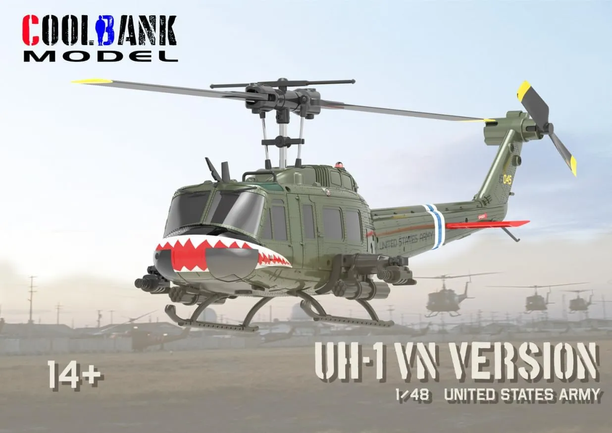 RC ERA C032 UH-1 Huey RC Helicopter Toys for Adults, 1/48 Scale 2.4G 6CH Stabilized Aircraft 6-Axis Gyro Brushless Flybarless Helicopter for Adults Beginner - Shark Mouth/2 Battery