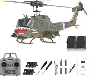 RC ERA C032 UH-1 Huey RC Helicopter Toys for Adults, 1/48 Scale 2.4G 6CH Stabilized Aircraft 6-Axis Gyro Brushless Flybarless Helicopter for Adults Beginner - Shark Mouth/2 Battery