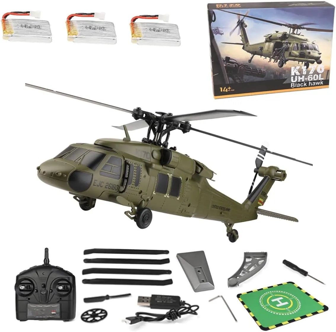 RC Helicopter Model, Wltoys K170 Black Hawk UH-60L 170 Size 4CH Flybarless Helicopter with Adjustable Left and Right Hand Throttle (RTF Version)