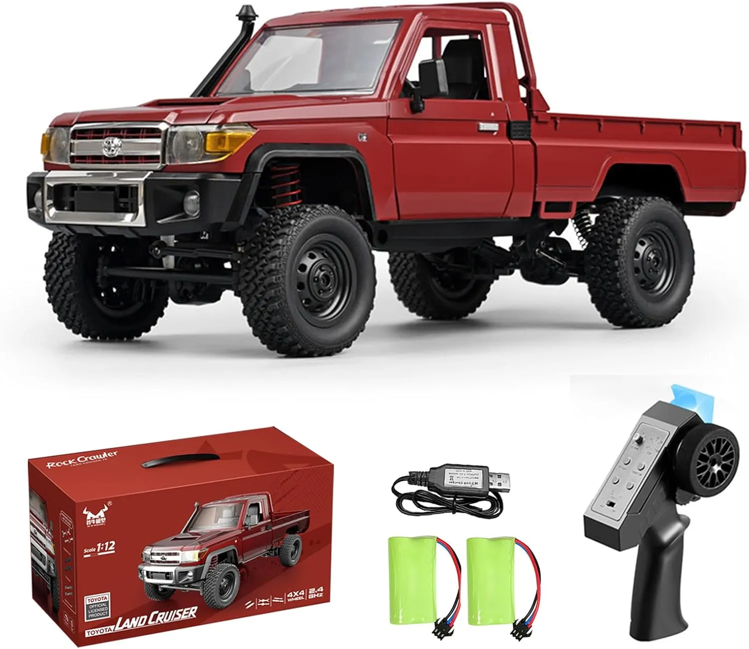 RC Truck 1/12 RC Rock Crawler, MN-82 4x4 Off Road RC Pickup Truck, 2.4GHz Proportional Throttle Steering All Terrain Remote Control Car RTR with Headlights and 2 Batteries for Adults (Red)