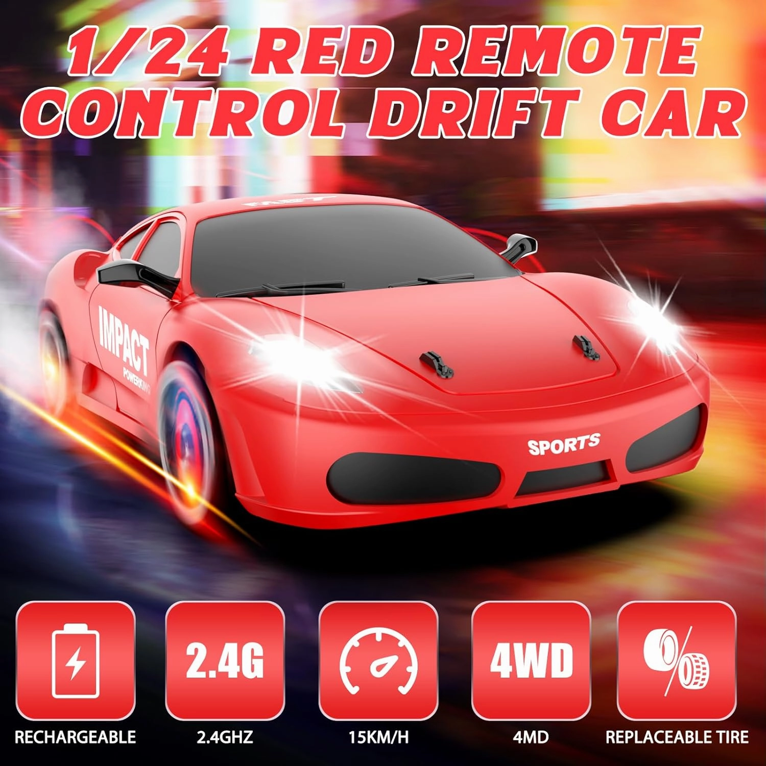 RC Drift Car, 1/24 Remote Control Cars, 2.4GHZ 4WD High Speed Drifting RC Cars with LED Lights Drifting Tires Two Rechargeable Batteries Racing Car for Adults Boys Girls Kids Gift Red