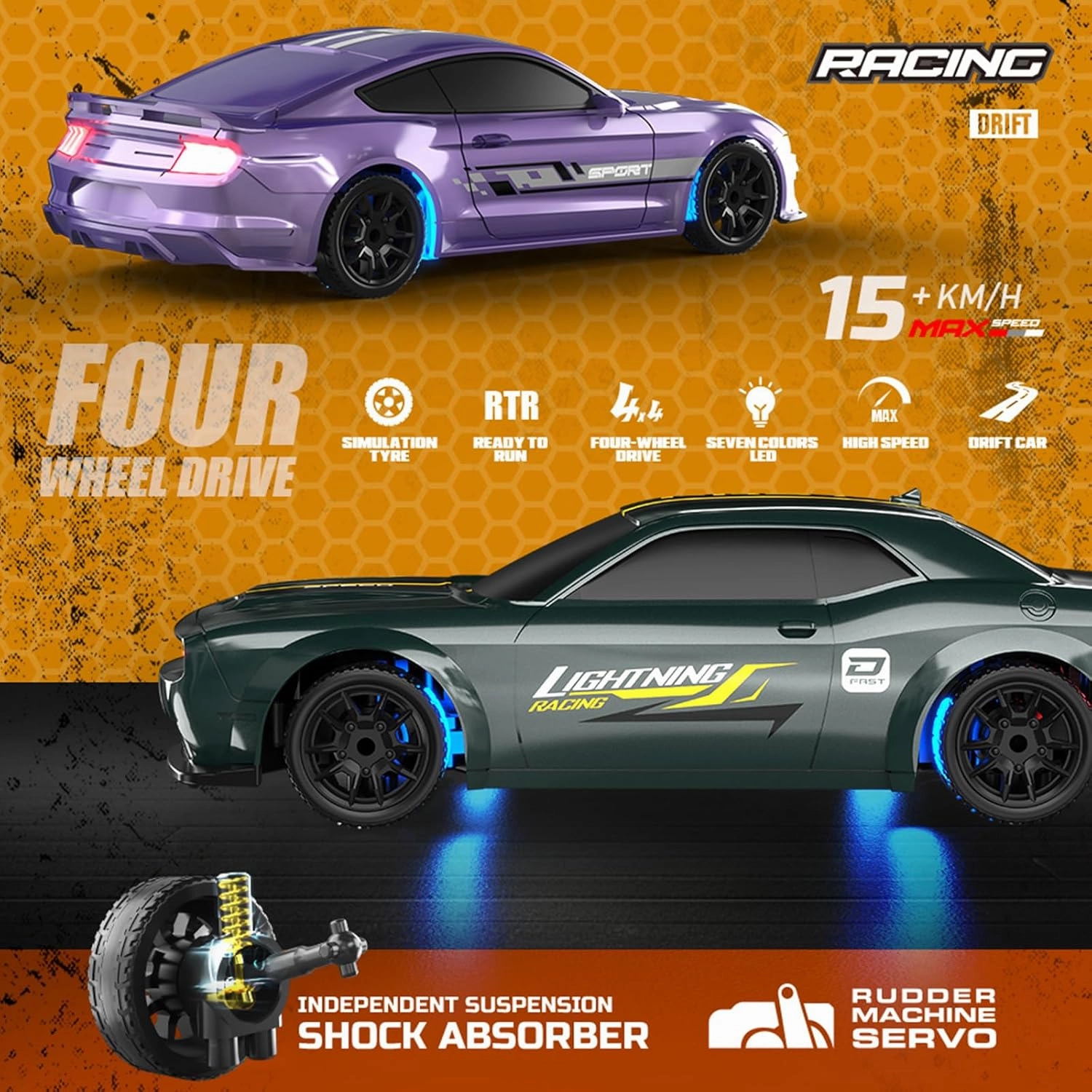 RC Drift Car, 1/43 Mini RC Drift Car with LED Lights,2.4GHz Full Proportional Remote Control Cars, 4WD High Speed Racing with Racing Tires, Can be Controlled with a Mobile Phone (8500-Purple)