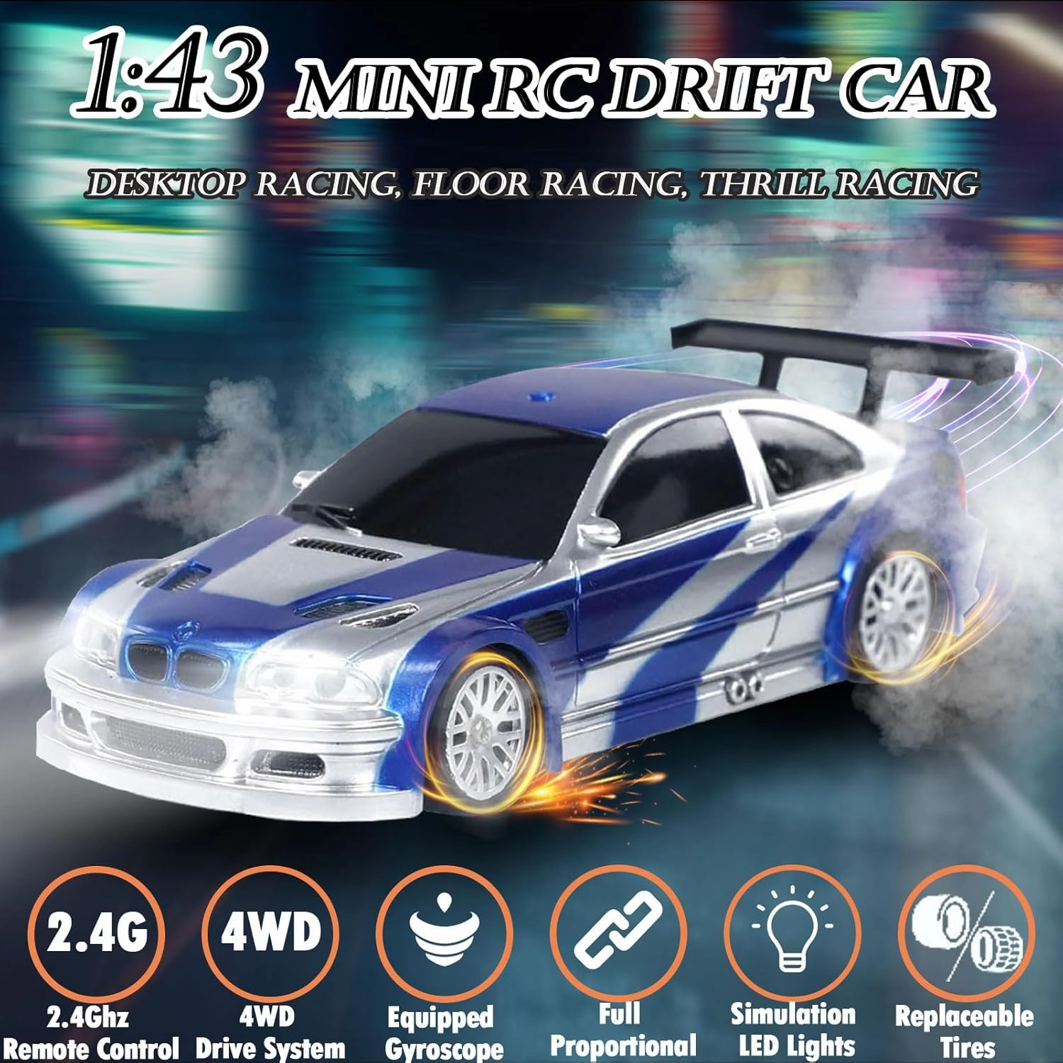 RC Drift Car, 1/43 Mini Remote Control Car with Gyroscope, 2.4GHz 4WD Full Proportional High Speed Fast RC Cars with LED Lights Racing Tires, Hobby RC Cars Toy Model Gift for Adults, Kids, Boys