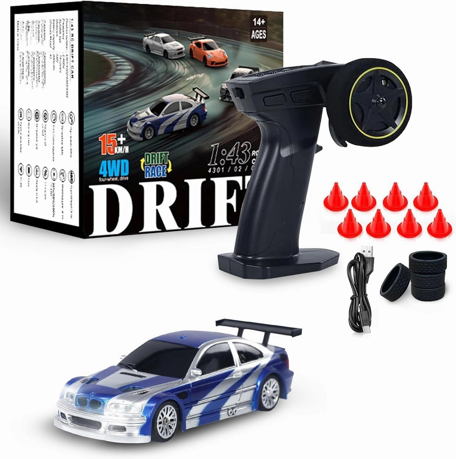 RC Drift Car, 1/43 Mini Remote Control Car with Gyroscope, 2.4GHz 4WD Full Proportional High Speed Fast RC Cars with LED Lights Racing Tires, Hobby RC Cars Toy Model Gift for Adults, Kids, Boys