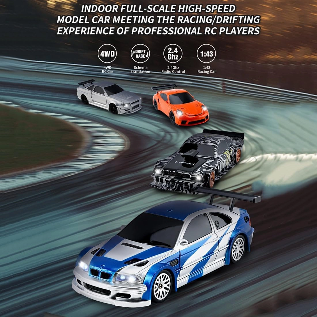 RC Drift Car, 1/43 Scale 2.4G Full Proportional Control High Speed Electric Mini Racing RTR Sports Car Model with Lights and Drift Tires