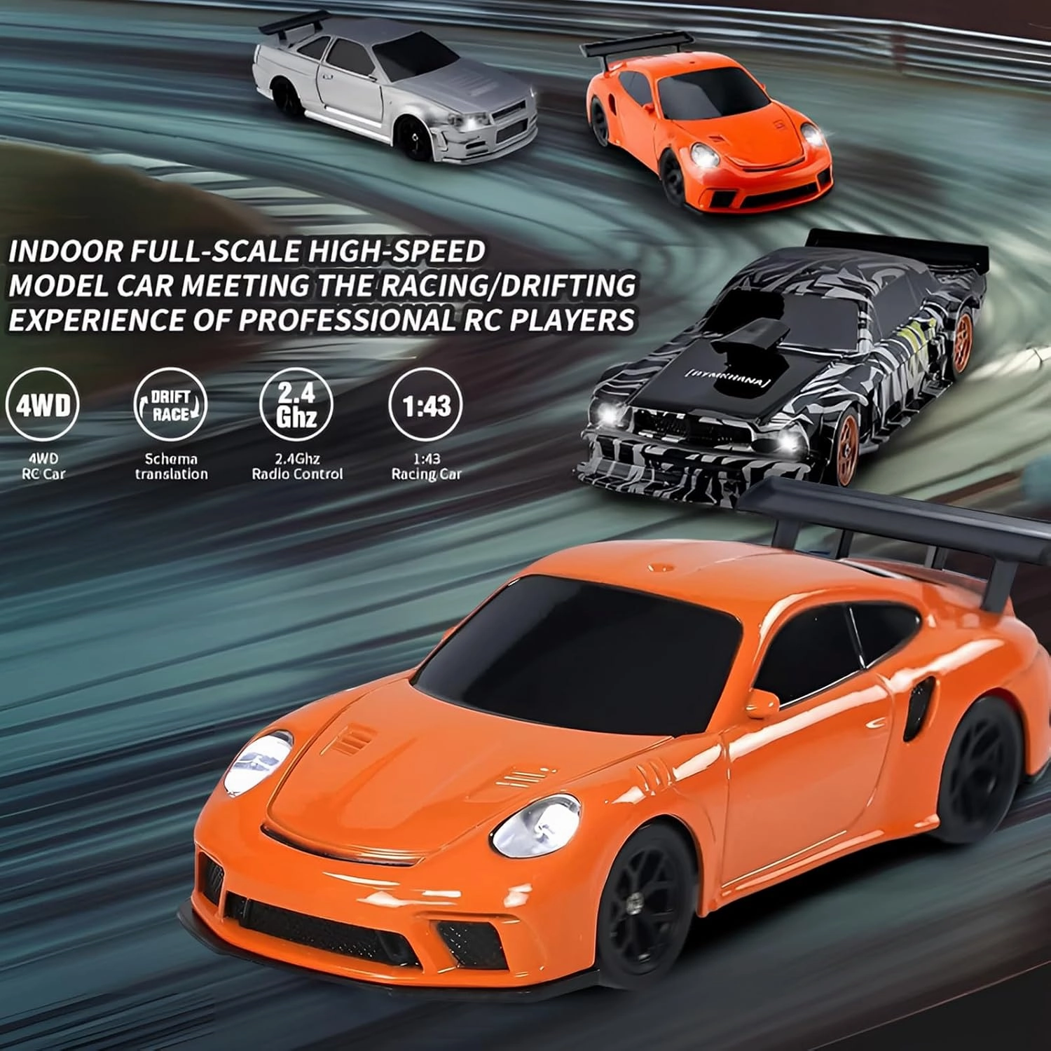 Rc Drift Car, 1/43 Scale 4WD with Full Proportional Control & 2.4G High Speed, 15km/h, LED Lights & Drift Tires, RTR Mini Racing Car for Adults - Indoor/Outdoor Use (4303 1Battery Box)