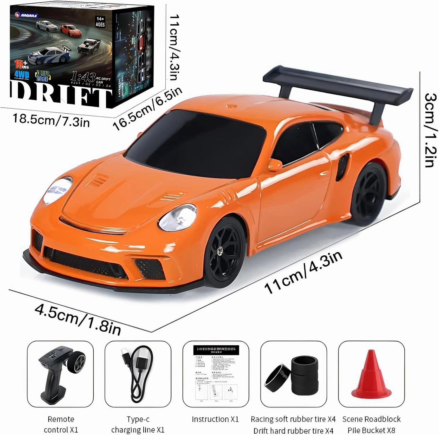 Rc Drift Car, 1/43 Scale 4WD with Full Proportional Control & 2.4G High Speed, 15km/h, LED Lights & Drift Tires, RTR Mini Racing Car for Adults - Indoor/Outdoor Use (4303 1Battery Box)