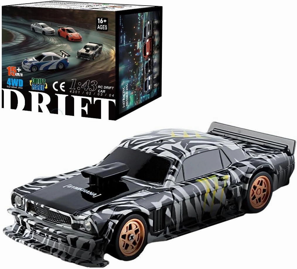 RC Mini Drift Car Kit, 1/43 Scale 2.4G RC Electric 4WD Racing Sports Car with Lights - Black & White, High-Speed for Boys, Girls & Adults - RTR Version