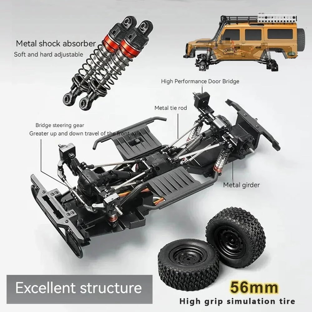 RC Truck 1/18 RC Rock Crawler, MN-111 4x4 Off Road RC Crawler, 2.4GHz Remote Control Car, All Terrain RC Climbing Car with LED Lights and 2 Batteries for Kids and Adults (Yellow)