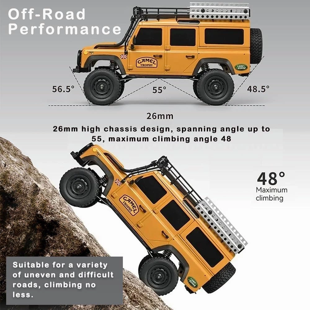 RC Truck 1/18 RC Rock Crawler, MN-111 4x4 Off Road RC Crawler, 2.4GHz Remote Control Car, All Terrain RC Climbing Car with LED Lights and 2 Batteries for Kids and Adults (Yellow)