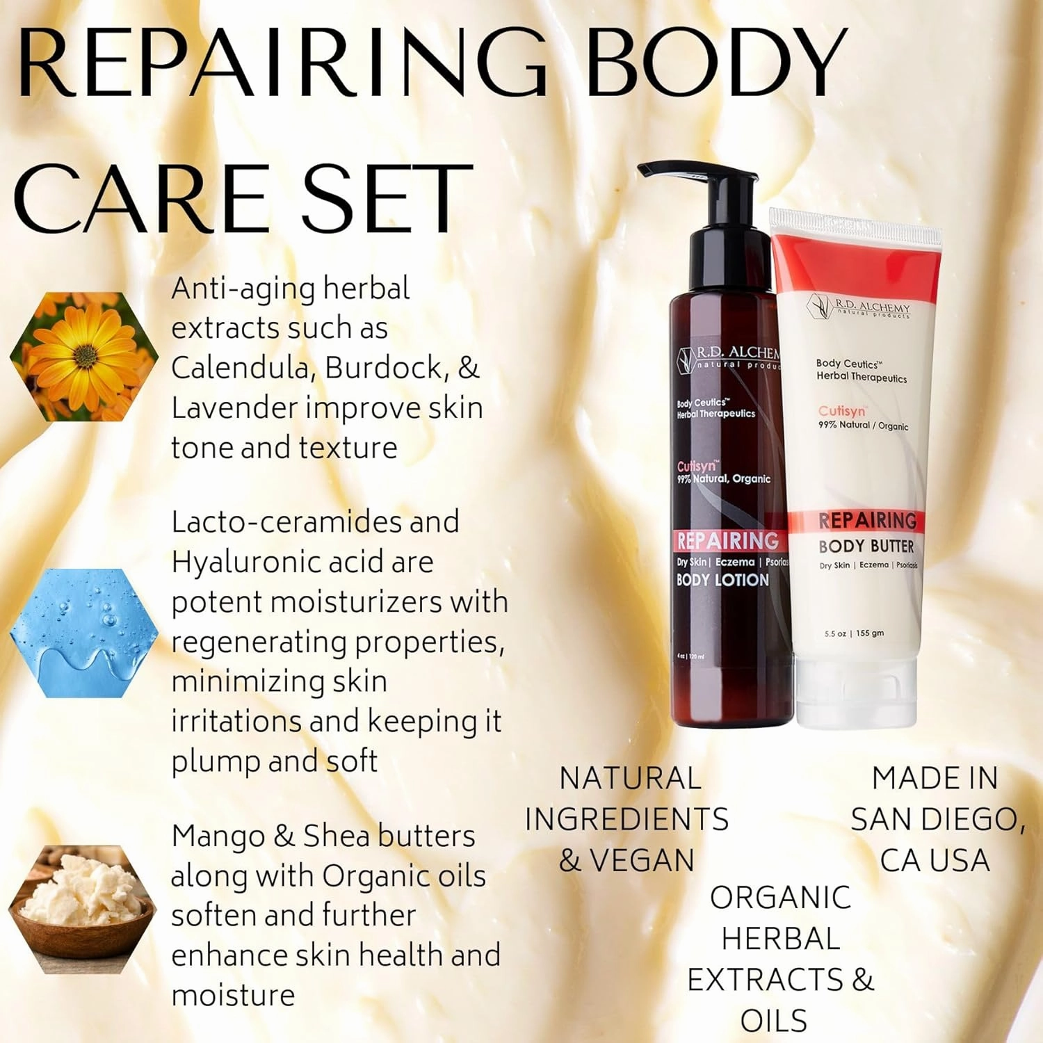 RD Alchemy - 99% Natural & Organic Cutisyn Body Care Set for Long Lasting Hydration. Body Butter w/ Body Lotion Heal Severe Dryness for Smoothe, Supple Skin