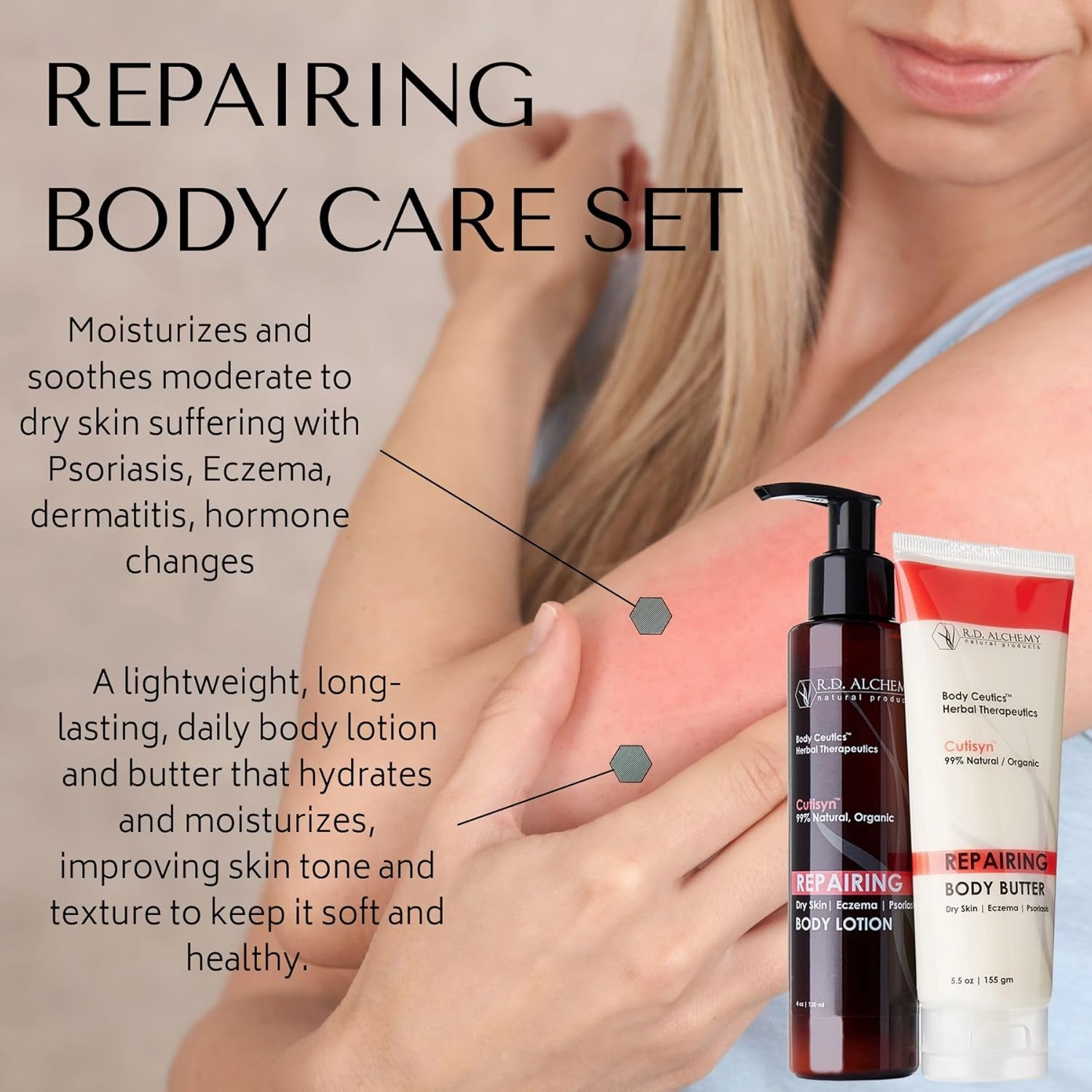 RD Alchemy - 99% Natural & Organic Cutisyn Body Care Set for Long Lasting Hydration. Body Butter w/ Body Lotion Heal Severe Dryness for Smoothe, Supple Skin