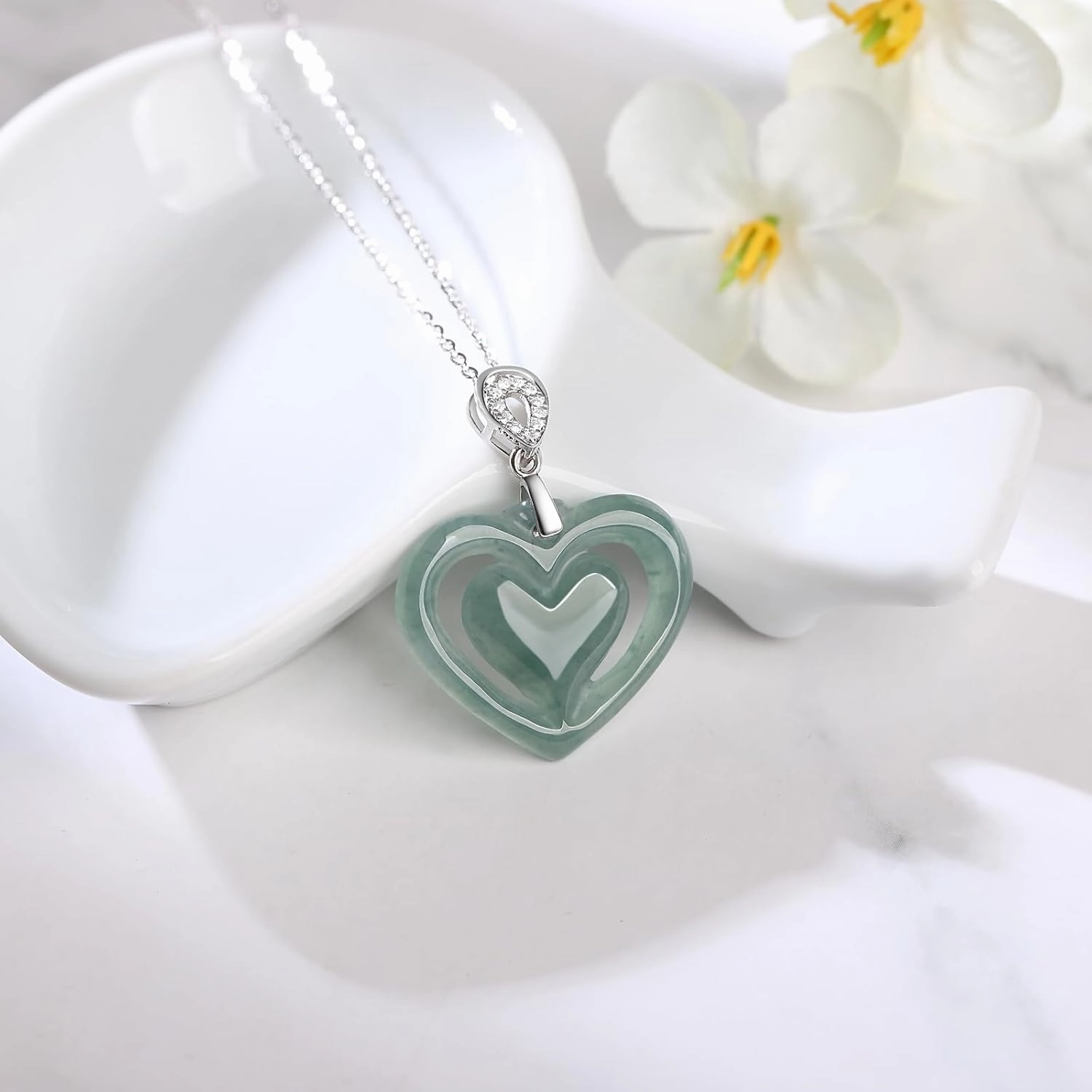 Real Green Jade Heart-Shaped Pendant Necklace for Woman Jadeite Love Jewelry with 18 inch Sterling Silver Chain