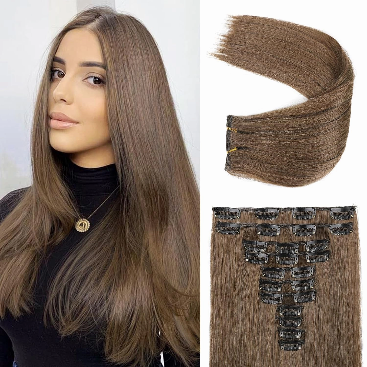 REECHO Hair Extensions, 11PCS Clip in Hair Extensions 24" Long Straight hair extensions HE005 Natural Soft Synthetic Hairpieces for Women Light Brown