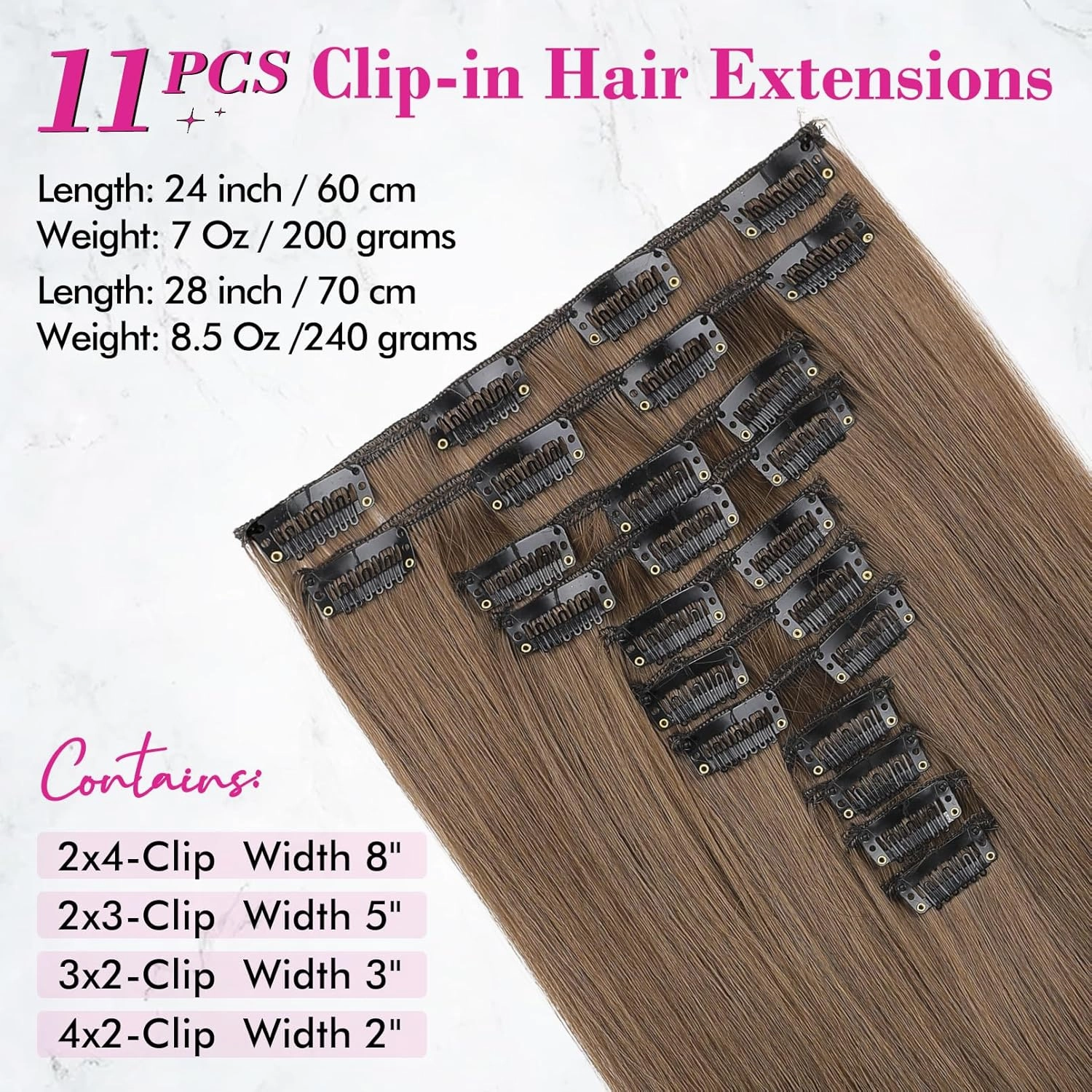 REECHO Hair Extensions, 11PCS Clip in Hair Extensions 24" Long Straight hair extensions HE005 Natural Soft Synthetic Hairpieces for Women Light Brown