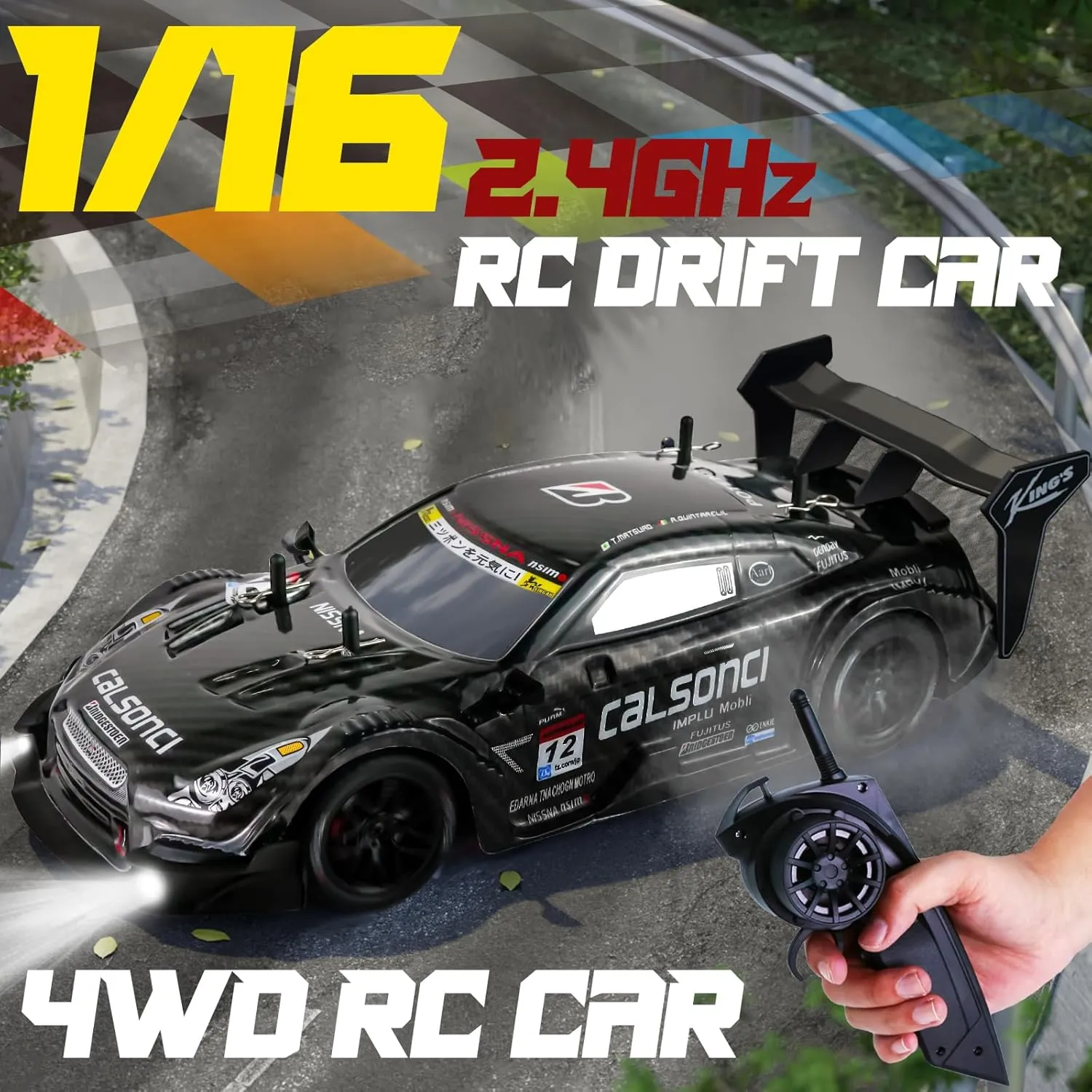 Remote Control Car RC Drift Car 1:16 Scale 4WD RC Vehicle with LED Lights 2.4GHz 30km/h RTR High Speed Racing Sport Toy for Adults Boys Girls Kids Gift 2Pcs Rechargeable Battery