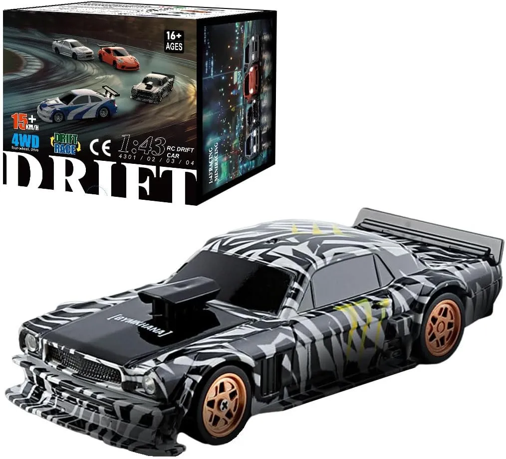 Remote Control Sports Car, 1/43 Scale 2.4G Full Proportional RC Electric Mini Racing Drift Car Model with Lights Kit (RTR Version/Black White)
