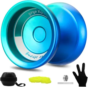 Responsive Yoyo Professional X0312, Unresponsive Yoyo for Kids 8-12, Fingerspin Yo yo for Adults Kids Beginners, Metal Trick Yoyos, Pro Yo-Yo with 10 Strings, Case and Gloves Blue and Green