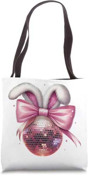 Retro Happy Easter Day Disco Ball Bunny Ears Coquette Bow Tote Bag
