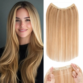 Rich Choices 100% Real Human Halo Hair Extensions Remy Invisible Wire In Hair Extensions Human Hair Clip in Hair Piece Straight,Can be Curled 12 Inch #12P613 Golden Brown Highlight Bleach Blonde