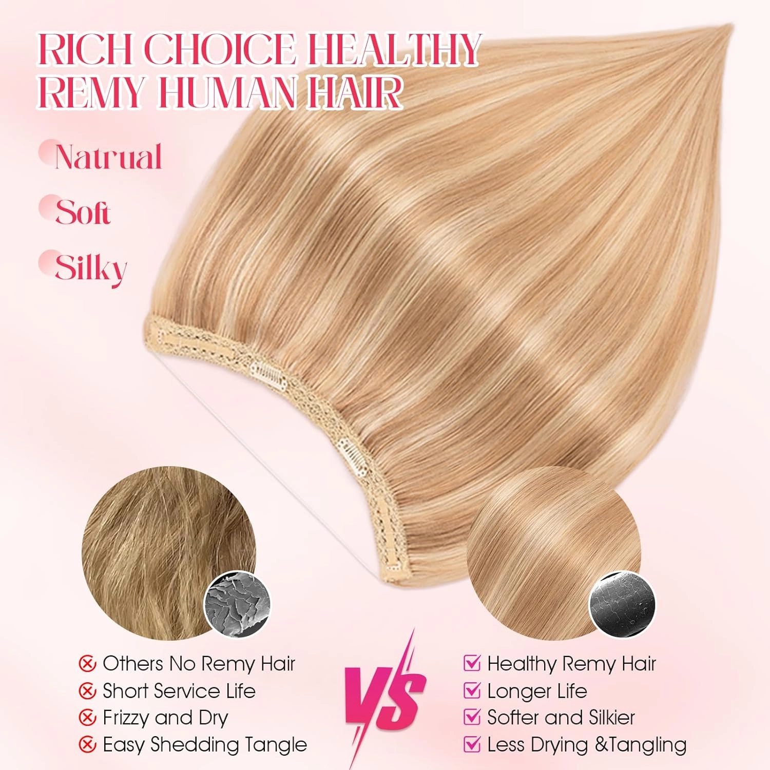 Rich Choices 100% Real Human Halo Hair Extensions Remy Invisible Wire In Hair Extensions Human Hair Clip in Hair Piece Straight,Can be Curled 12 Inch #12P613 Golden Brown Highlight Bleach Blonde