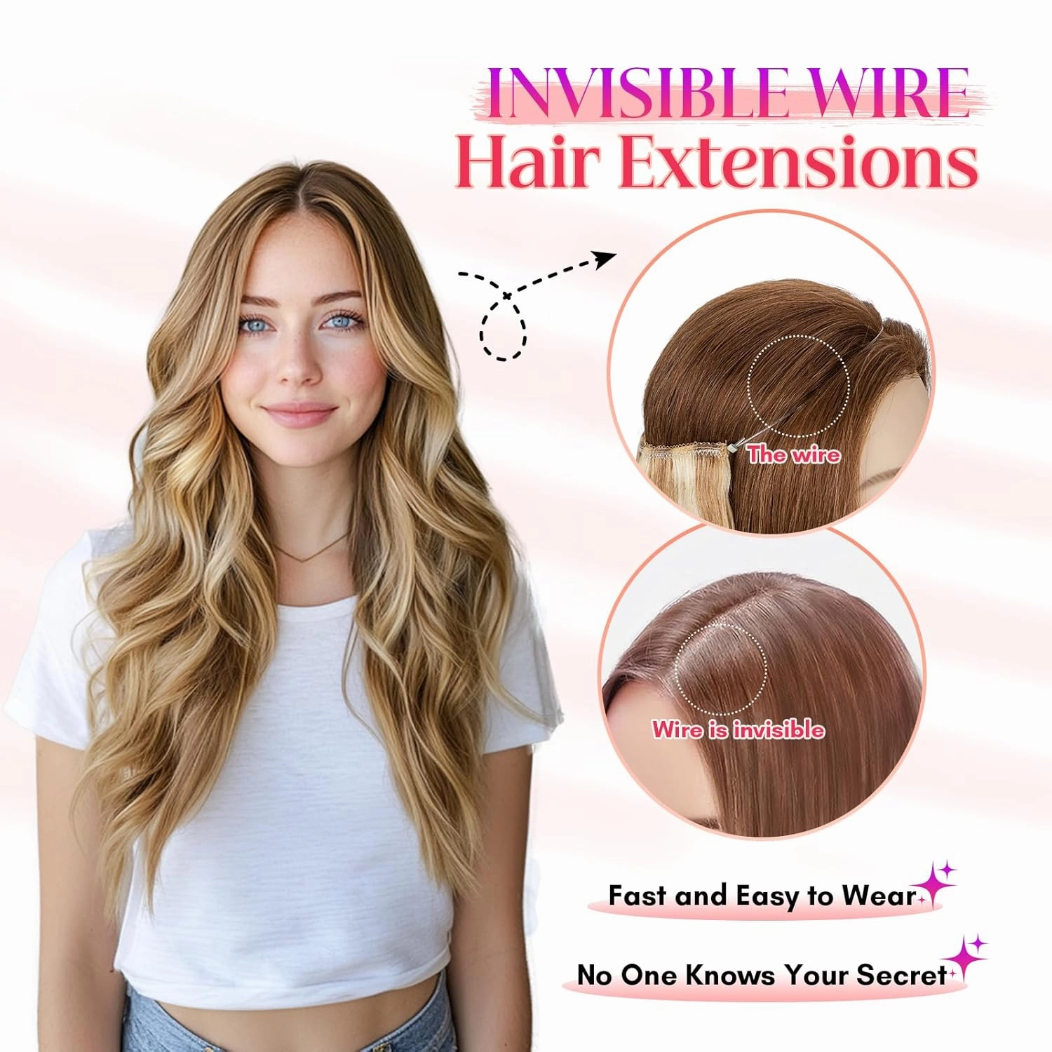 Rich Choices 100% Real Human Halo Hair Extensions Remy Invisible Wire In Hair Extensions Human Hair Clip in Hair Piece Straight,Can be Curled 12 Inch #12P613 Golden Brown Highlight Bleach Blonde