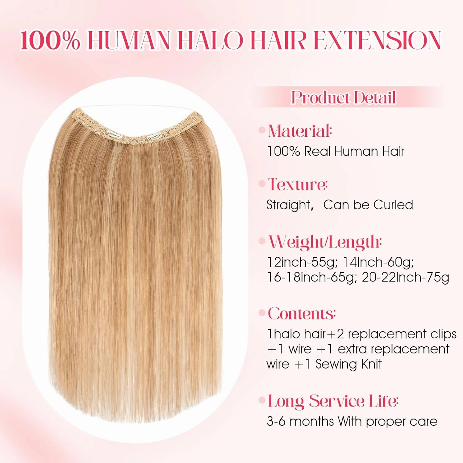 Rich Choices 100% Real Human Halo Hair Extensions Remy Invisible Wire In Hair Extensions Human Hair Clip in Hair Piece Straight,Can be Curled 12 Inch #12P613 Golden Brown Highlight Bleach Blonde