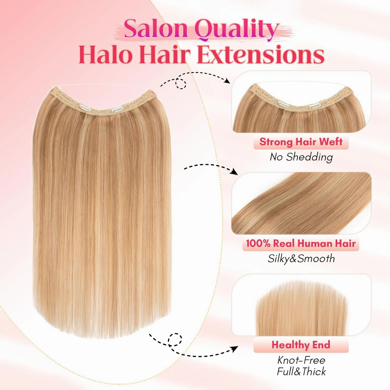 Rich Choices 100% Real Human Halo Hair Extensions Remy Invisible Wire In Hair Extensions Human Hair Clip in Hair Piece Straight,Can be Curled 12 Inch #12P613 Golden Brown Highlight Bleach Blonde