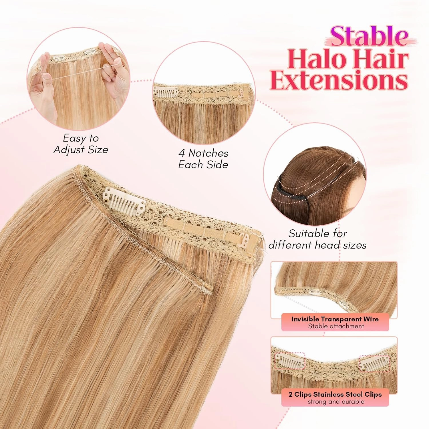 Rich Choices 100% Real Human Halo Hair Extensions Remy Invisible Wire In Hair Extensions Human Hair Clip in Hair Piece Straight,Can be Curled 12 Inch #12P613 Golden Brown Highlight Bleach Blonde