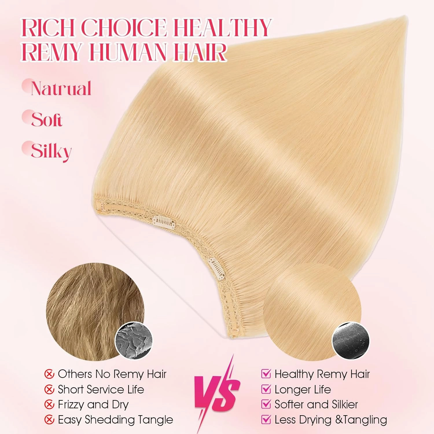 Rich Choices Halo Hair Extensions Real Human Hair 100% Human Hair Halo Extensions for Women Invisible Wire Hair Extensions Remy Halo Hair 20 Inch #613 Bleach Blonde