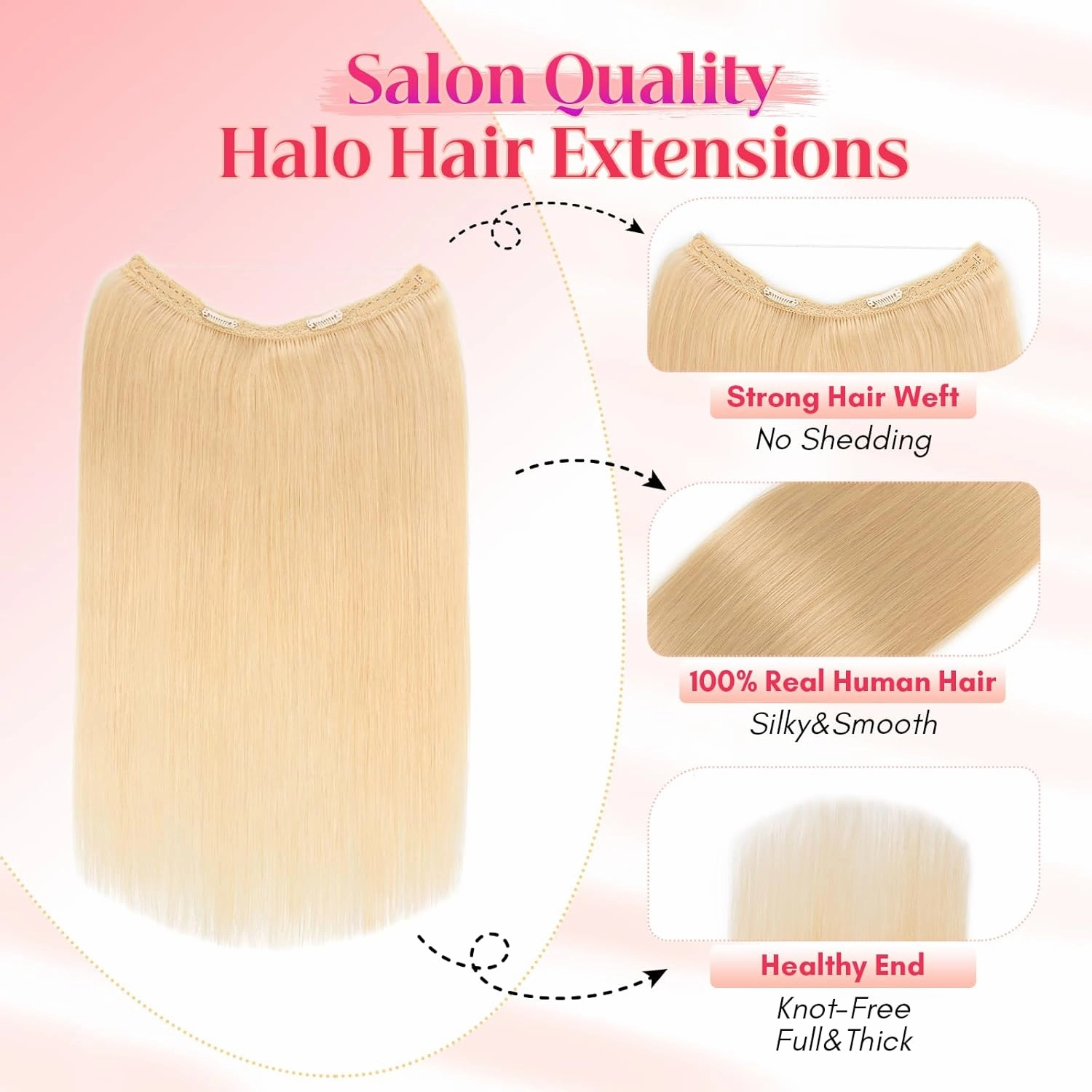 Rich Choices Halo Hair Extensions Real Human Hair 100% Human Hair Halo Extensions for Women Invisible Wire Hair Extensions Remy Halo Hair 20 Inch #613 Bleach Blonde