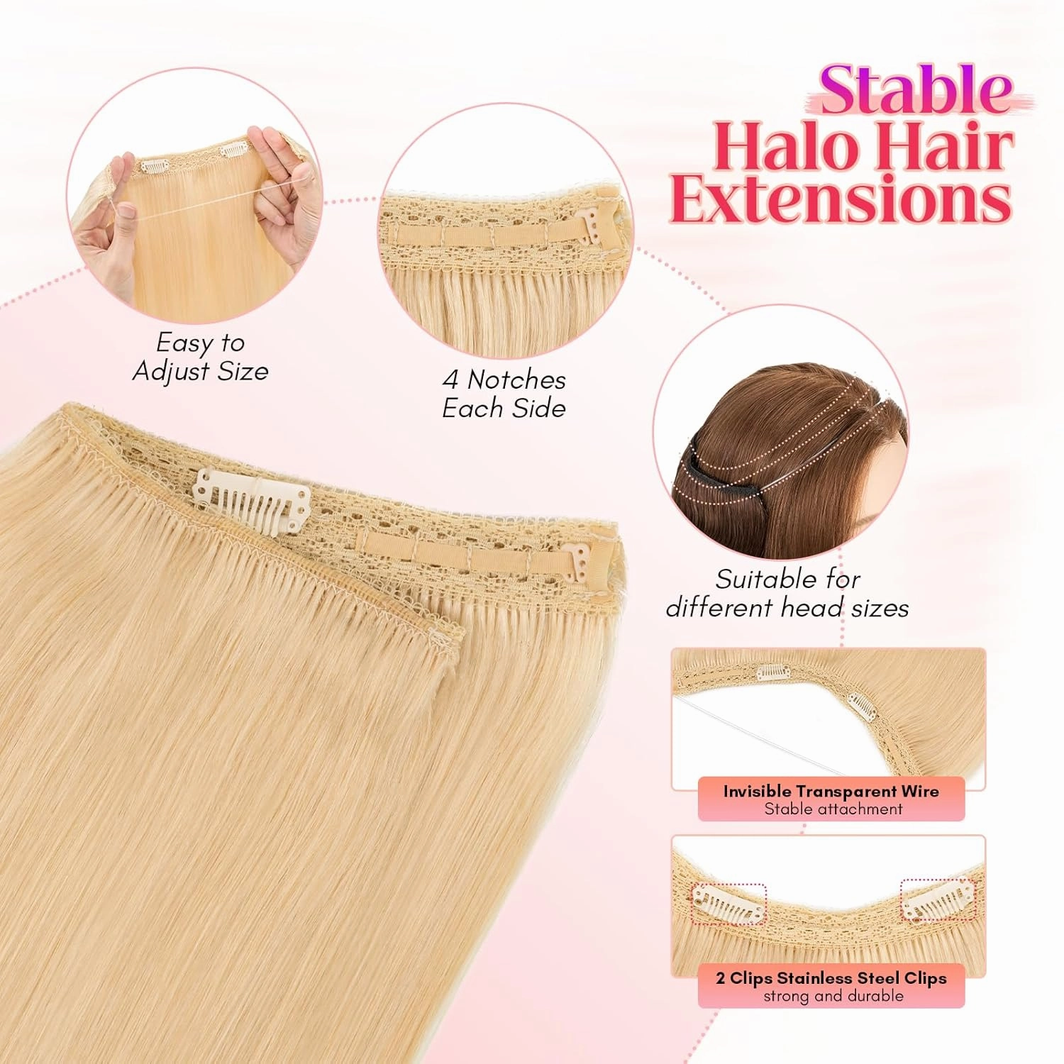 Rich Choices Halo Hair Extensions Real Human Hair 100% Human Hair Halo Extensions for Women Invisible Wire Hair Extensions Remy Halo Hair 20 Inch #613 Bleach Blonde