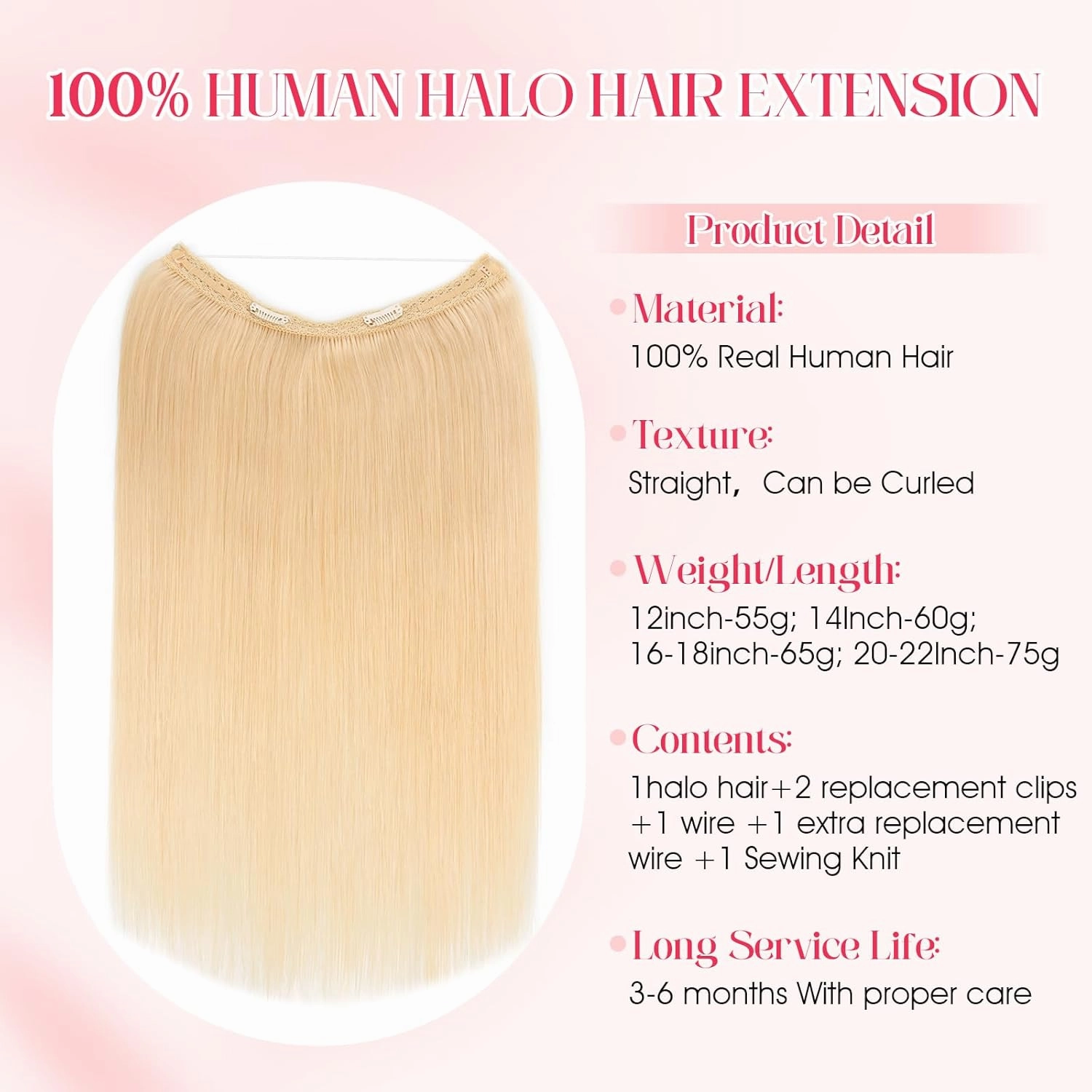 Rich Choices Halo Hair Extensions Real Human Hair 100% Human Hair Halo Extensions for Women Invisible Wire Hair Extensions Remy Halo Hair 20 Inch #613 Bleach Blonde