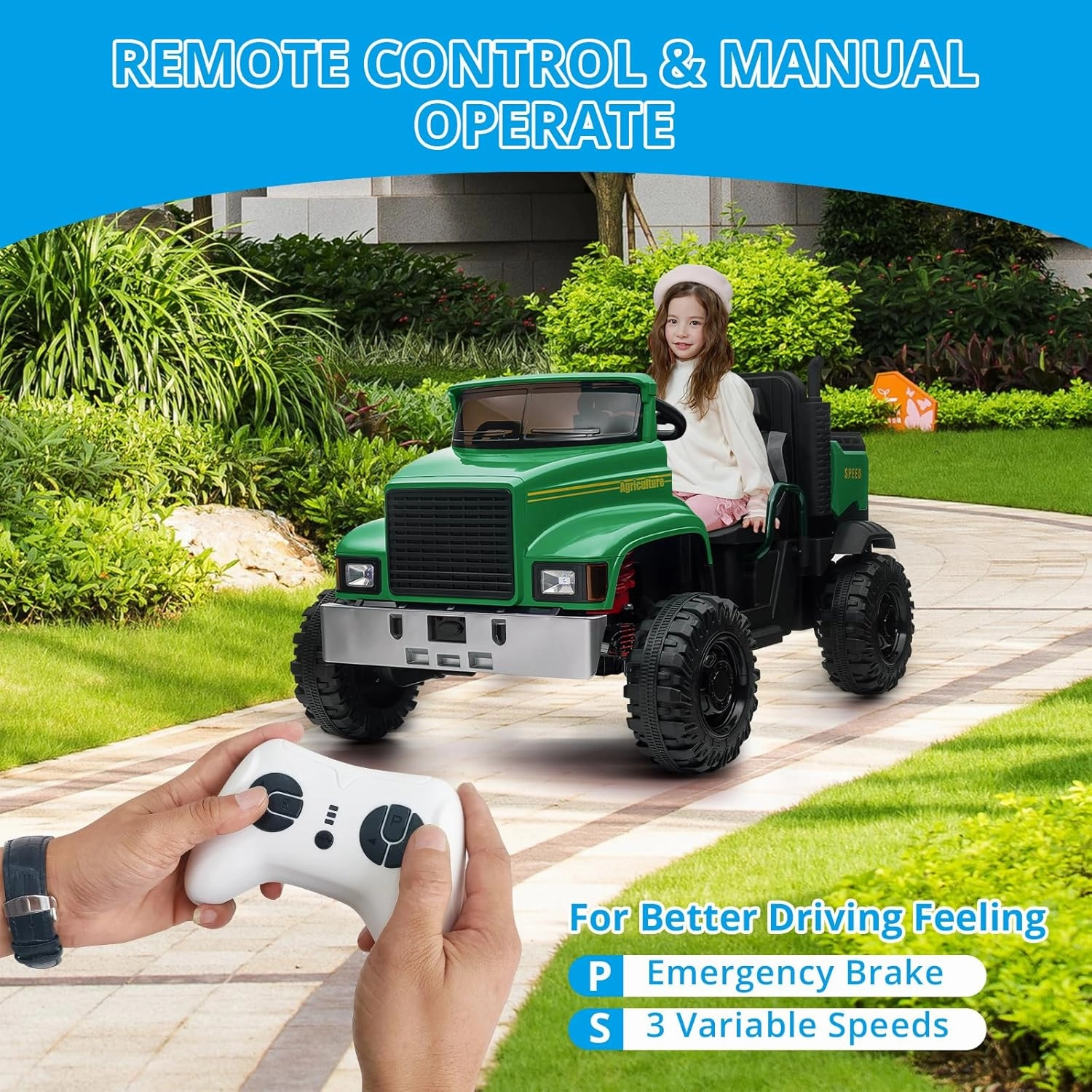 Ride On Car for Kids Baby Car with Remote Control Electric UTV Vehicles with Dump Bed, 24V Kids Electric Car, 4WD Power 4x200W Motors,4xSpring Suspension, 3 Speeds, 2 Seater, Green