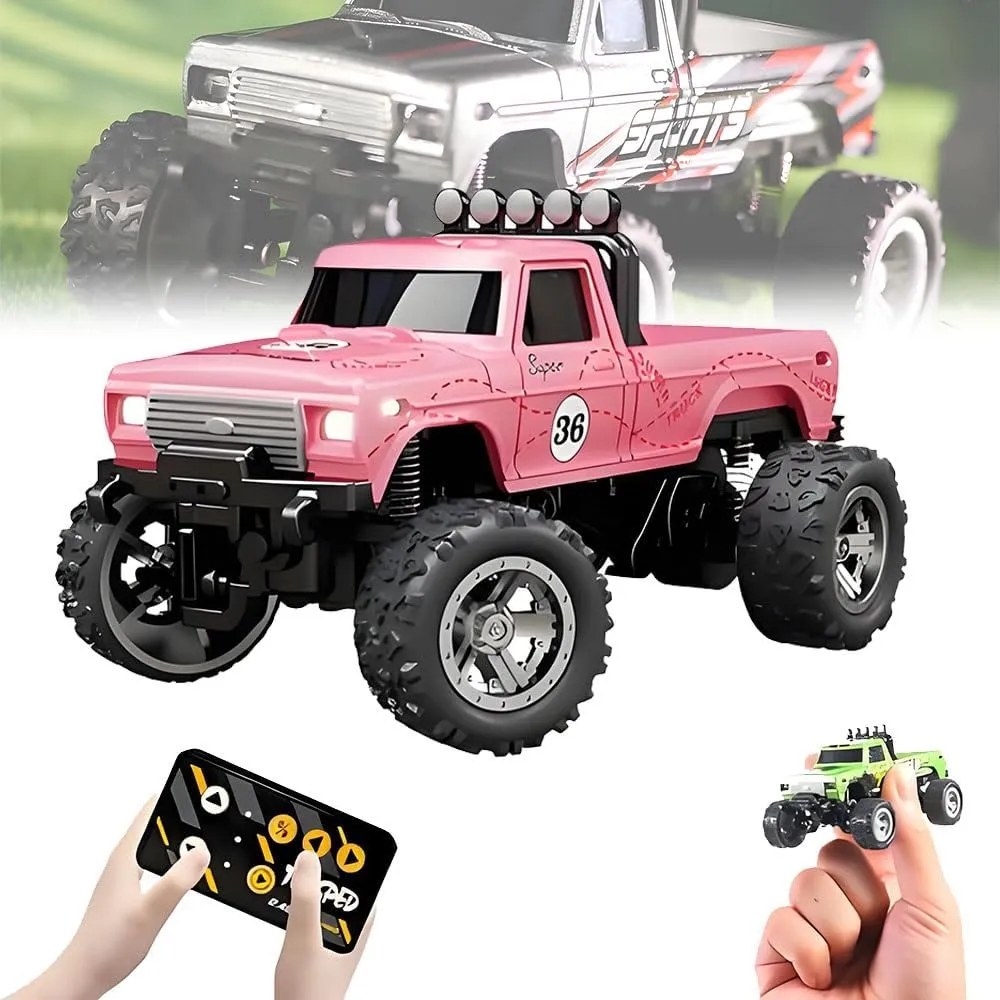 RipRush Mini Monster 1:64 Off-Road LED Alloy Racer – Rip Rush Compact Remote Control Truck with LED Lights, 2.4GHz Racing System, for Ages 14  Hobbyists and Collectors(Pink)