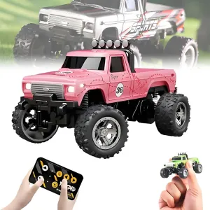 RipRush Mini Monster 1:64 Off-Road LED Alloy Racer – Rip Rush Compact Remote Control Truck with LED Lights, 2.4GHz Racing System, for Ages 14  Hobbyists and Collectors(Pink)