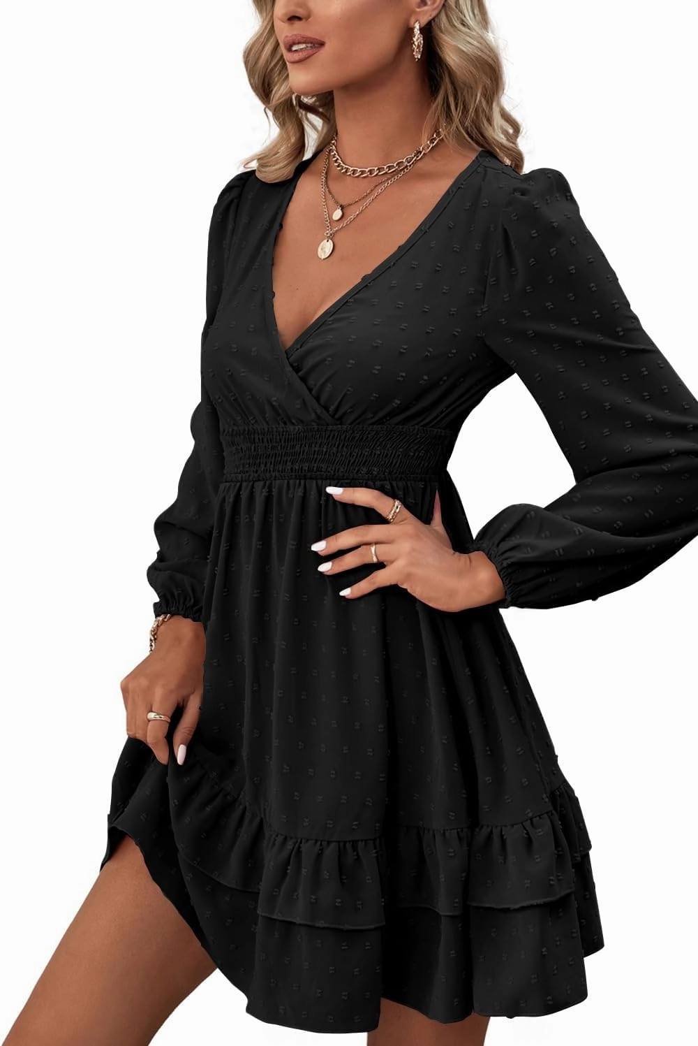 Rooscier Women's Wrap V Neck Swing Ruffle Swiss Dots Long Sleeve Mini Dress