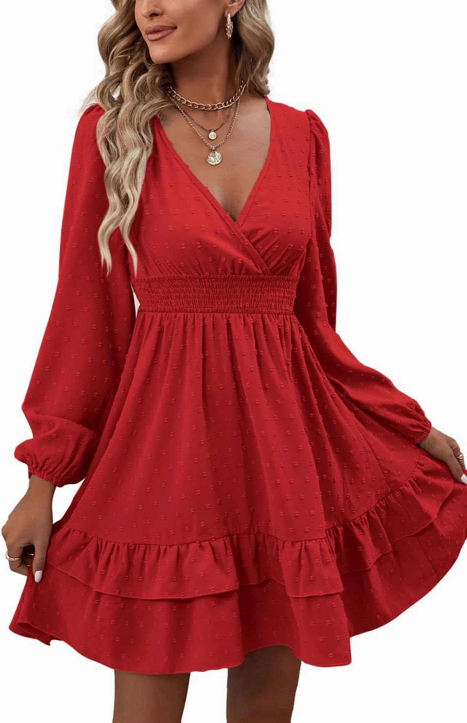 Rooscier Women's Wrap V Neck Swing Ruffle Swiss Dots Long Sleeve Mini Dress