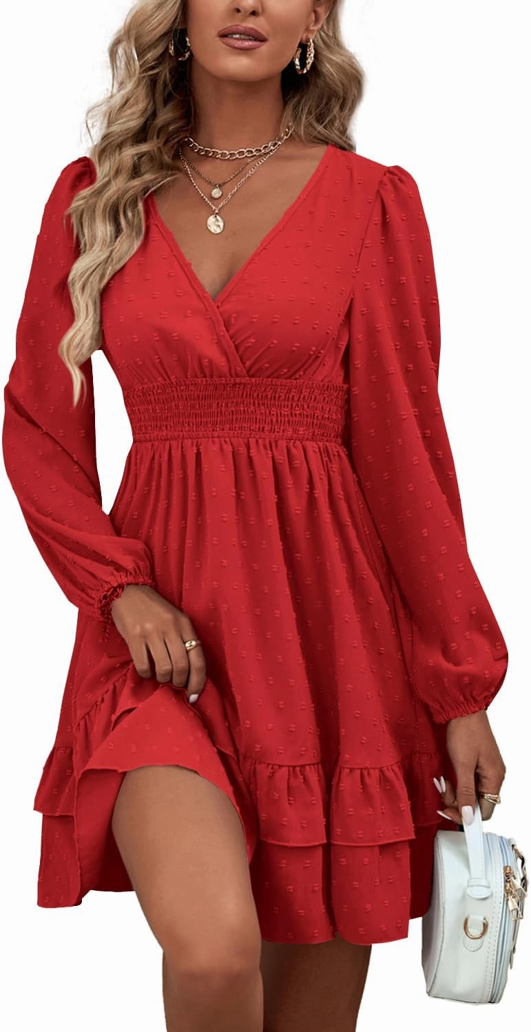 Rooscier Women's Wrap V Neck Swing Ruffle Swiss Dots Long Sleeve Mini Dress