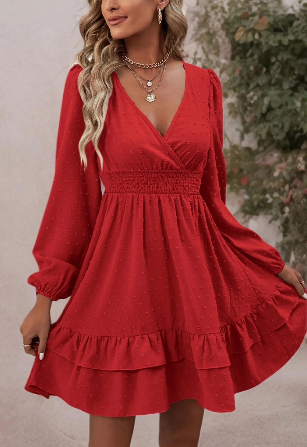 Rooscier Women's Wrap V Neck Swing Ruffle Swiss Dots Long Sleeve Mini Dress