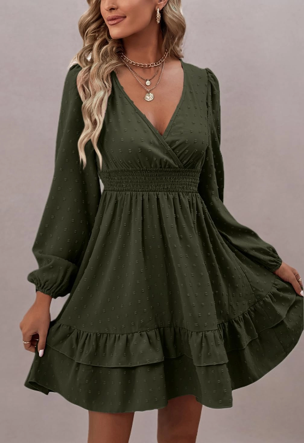 Rooscier Women's Wrap V Neck Swing Ruffle Swiss Dots Long Sleeve Mini Dress