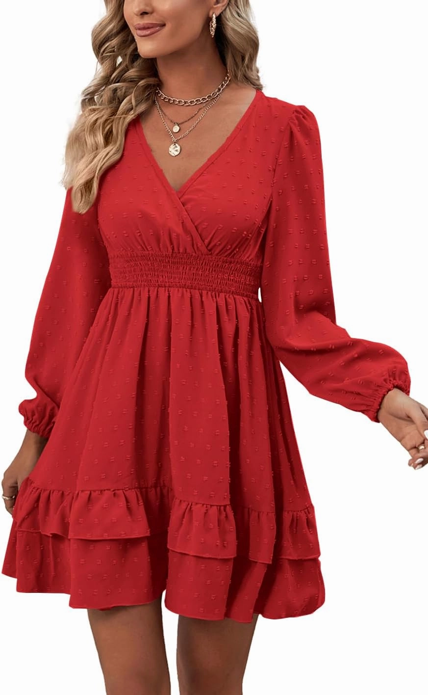 Rooscier Women's Wrap V Neck Swing Ruffle Swiss Dots Long Sleeve Mini Dress