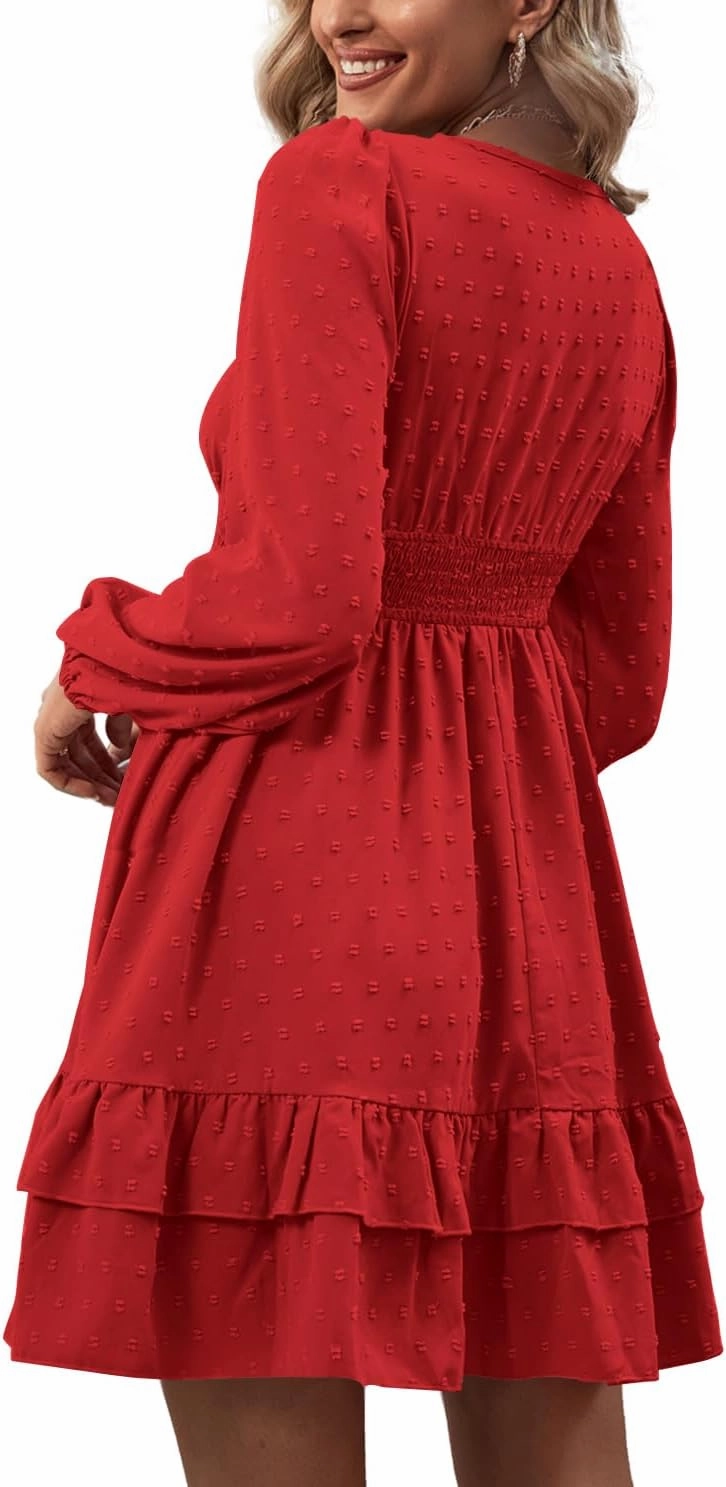 Rooscier Women's Wrap V Neck Swing Ruffle Swiss Dots Long Sleeve Mini Dress