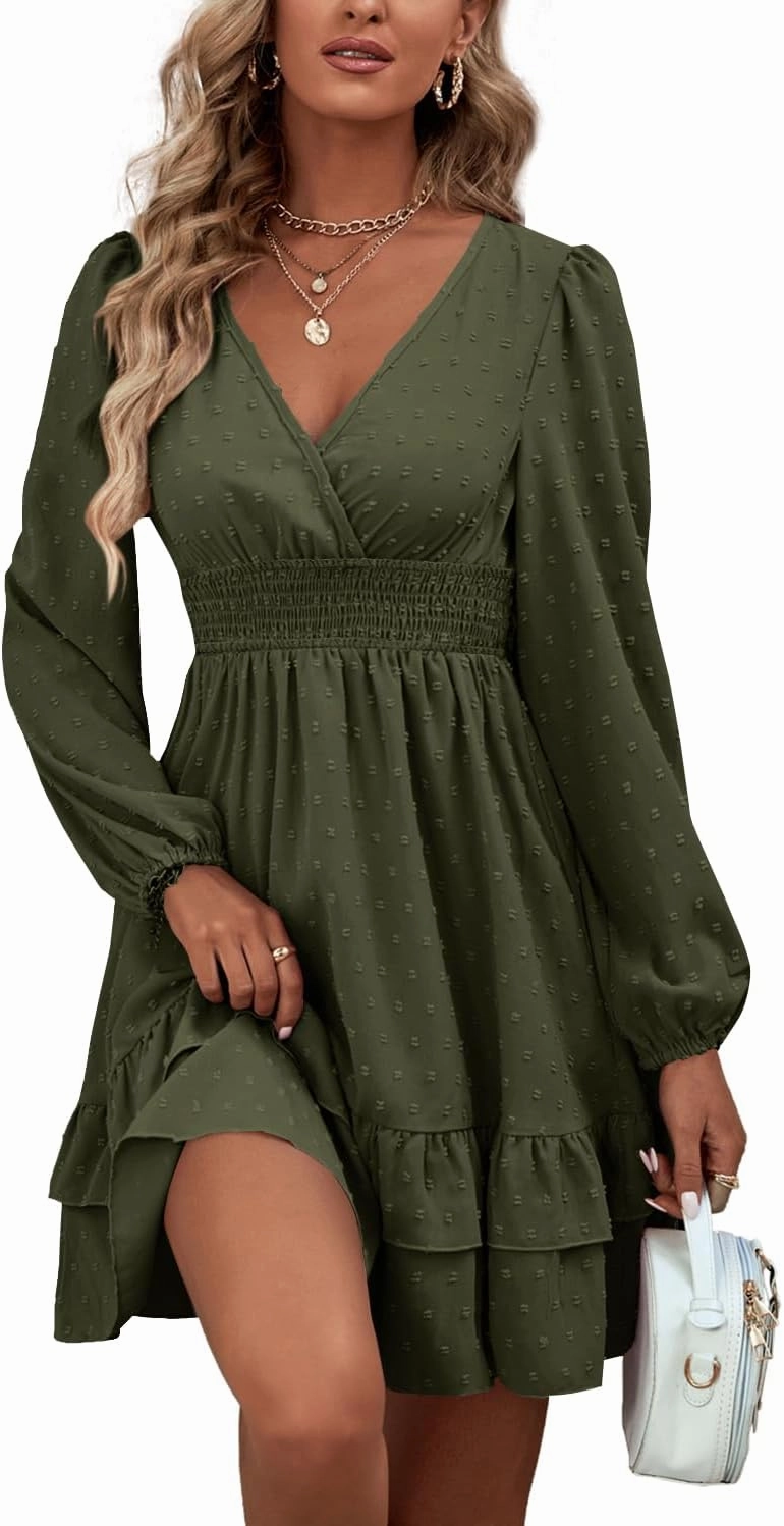 Rooscier Women's Wrap V Neck Swing Ruffle Swiss Dots Long Sleeve Mini Dress
