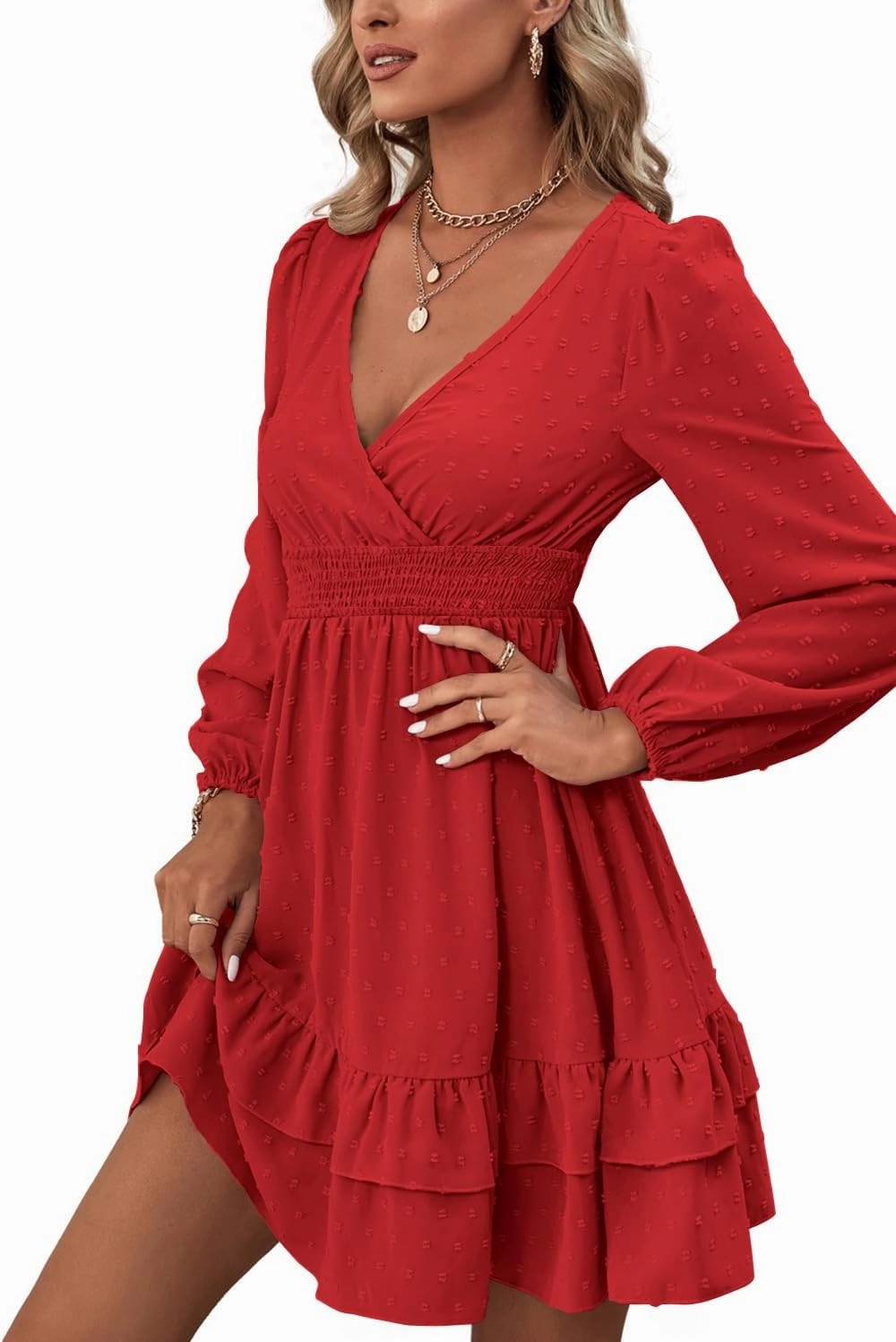 Rooscier Women's Wrap V Neck Swing Ruffle Swiss Dots Long Sleeve Mini Dress