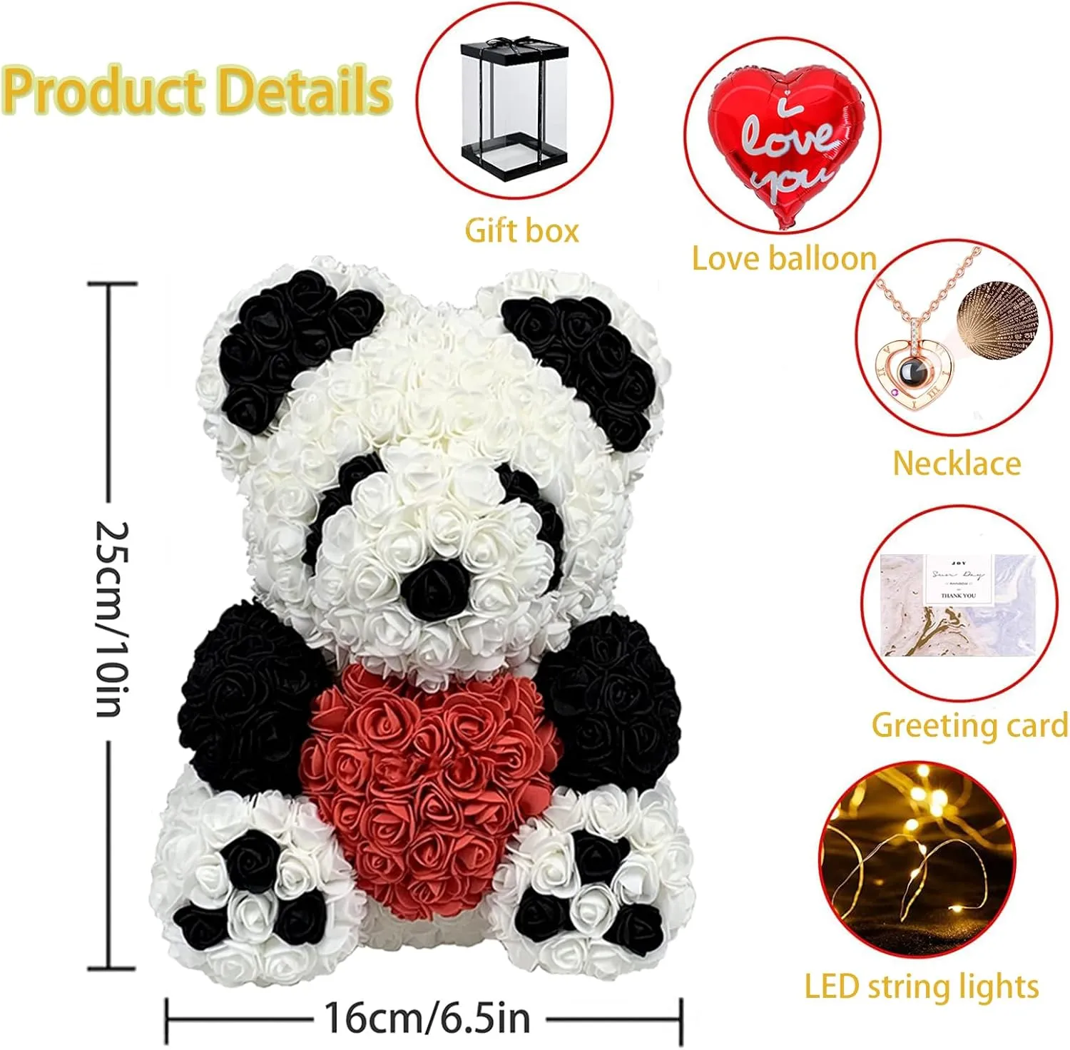 Rose Bear Handmade Rose Teddy Bear Eternal Rose Flower Bear Set Valentine's Day Anniversary Mother's Day Birthday Graduation Gift Gift Box with LED Light(10",Black and White Panda)